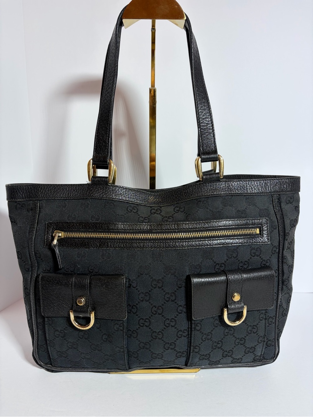 Gucci Black Monogram Abby Tote with Gold Hardware and Front Pockets